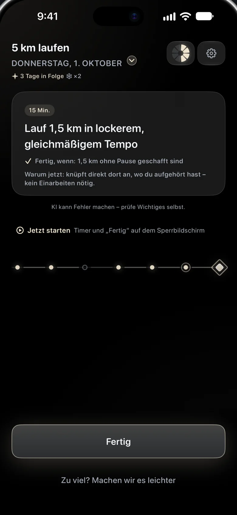 Aimora auf dem iPhone: der heutige Schritt „Lauf 15 Minuten in lockerem, gleichmäßigem Tempo“ mit einem klaren „Fertig, wenn“ und einem Button „Fertig“.