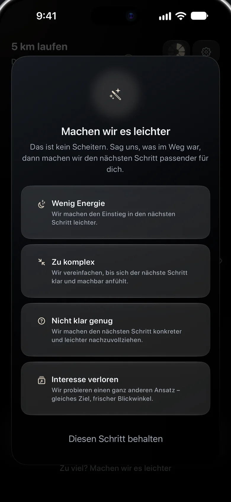 Eine Auswahl mit dem Titel „Machen wir es leichter“ und vier Gründen: wenig Energie, zu komplex, nicht klar genug, Interesse verloren.