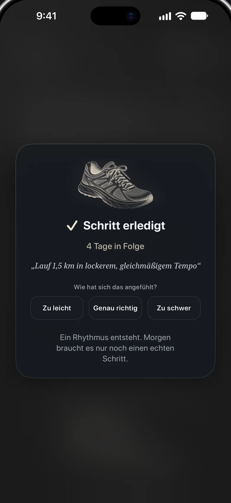 Eine Karte „Schritt erledigt“ mit Laufschuh-Gravur, „4 Tage in Folge“ und der Frage, wie sich das angefühlt hat.