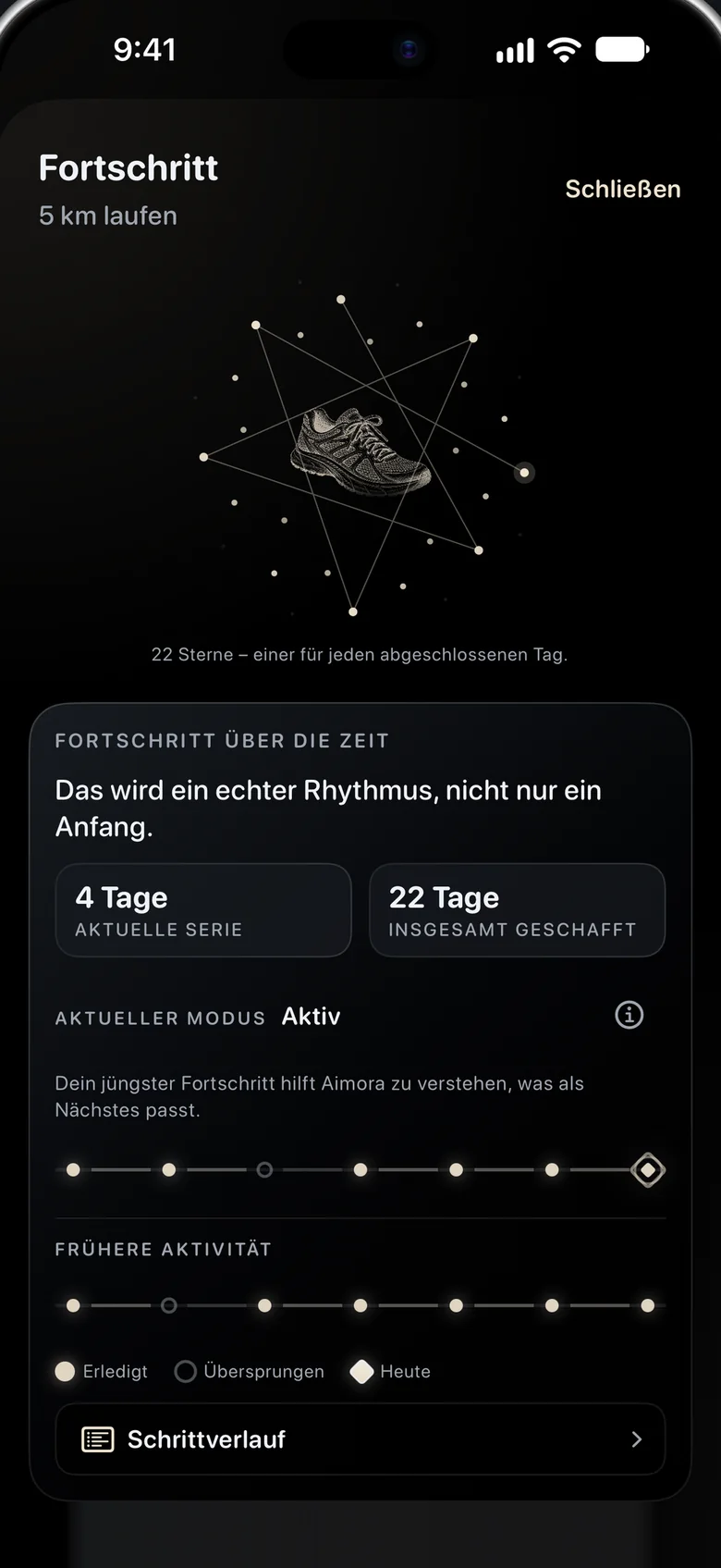 Der Fortschrittsbildschirm: ein Sternbild aus 22 Sternen um einen Laufschuh, mit Statistiken zu Serie und Modus.