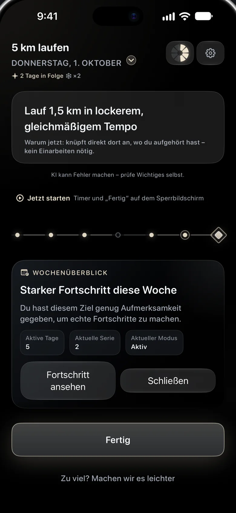 Eine Karte „Wochenüberblick“: „Starker Fortschritt diese Woche“, mit aktiven Tagen, aktueller Serie und aktuellem Modus.