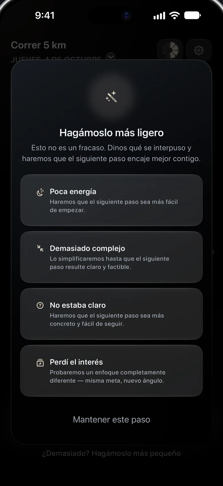 Una hoja titulada «Hagámoslo más ligero» con cuatro motivos: poca energía, demasiado complejo, no estaba claro, perdí el interés.