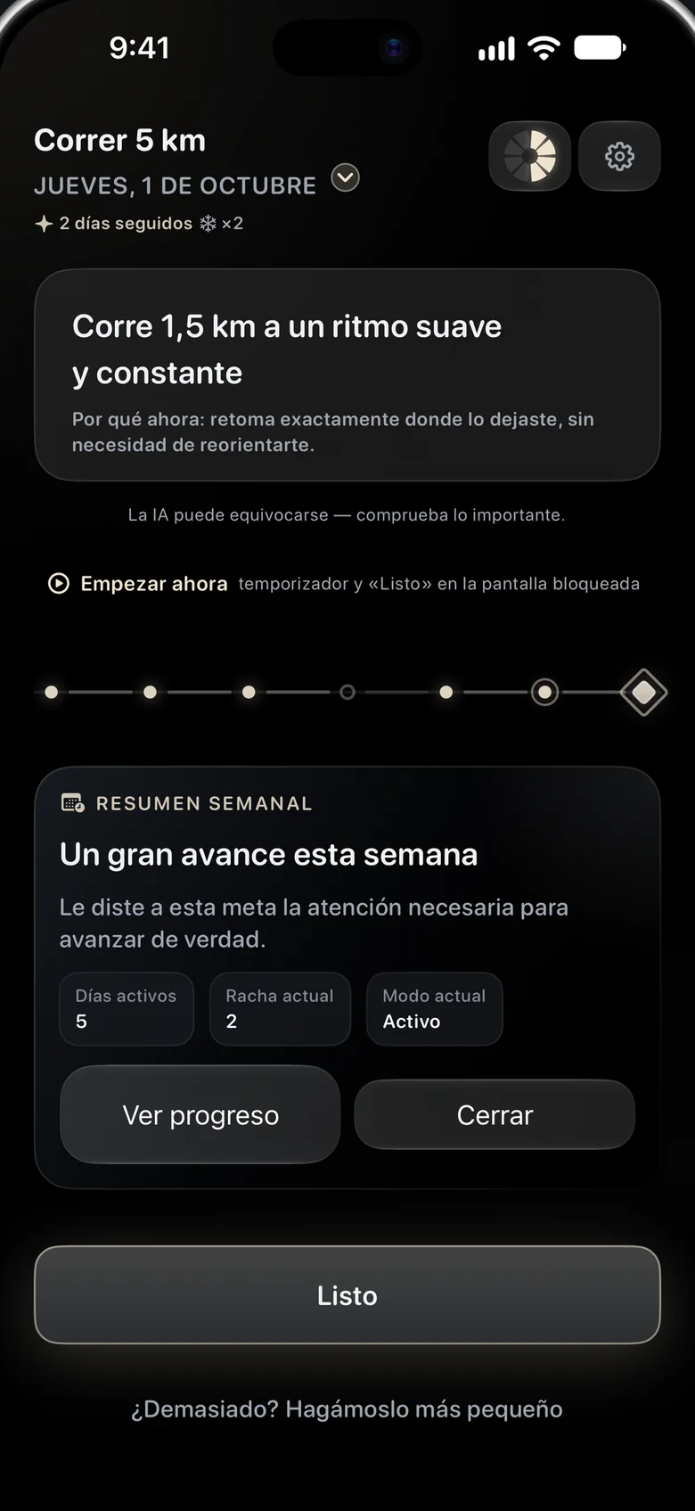 Una tarjeta del Resumen semanal: «Un gran avance esta semana», con días activos, racha actual y modo.