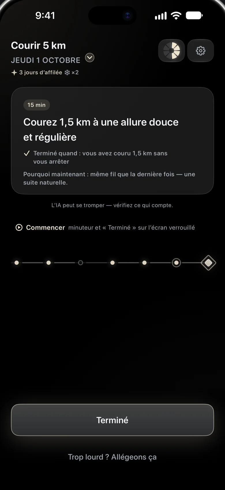 Aimora sur iPhone : l’étape du jour, « Courez 15 minutes à une allure facile et régulière », avec un « terminé quand » clair et un bouton Terminé.