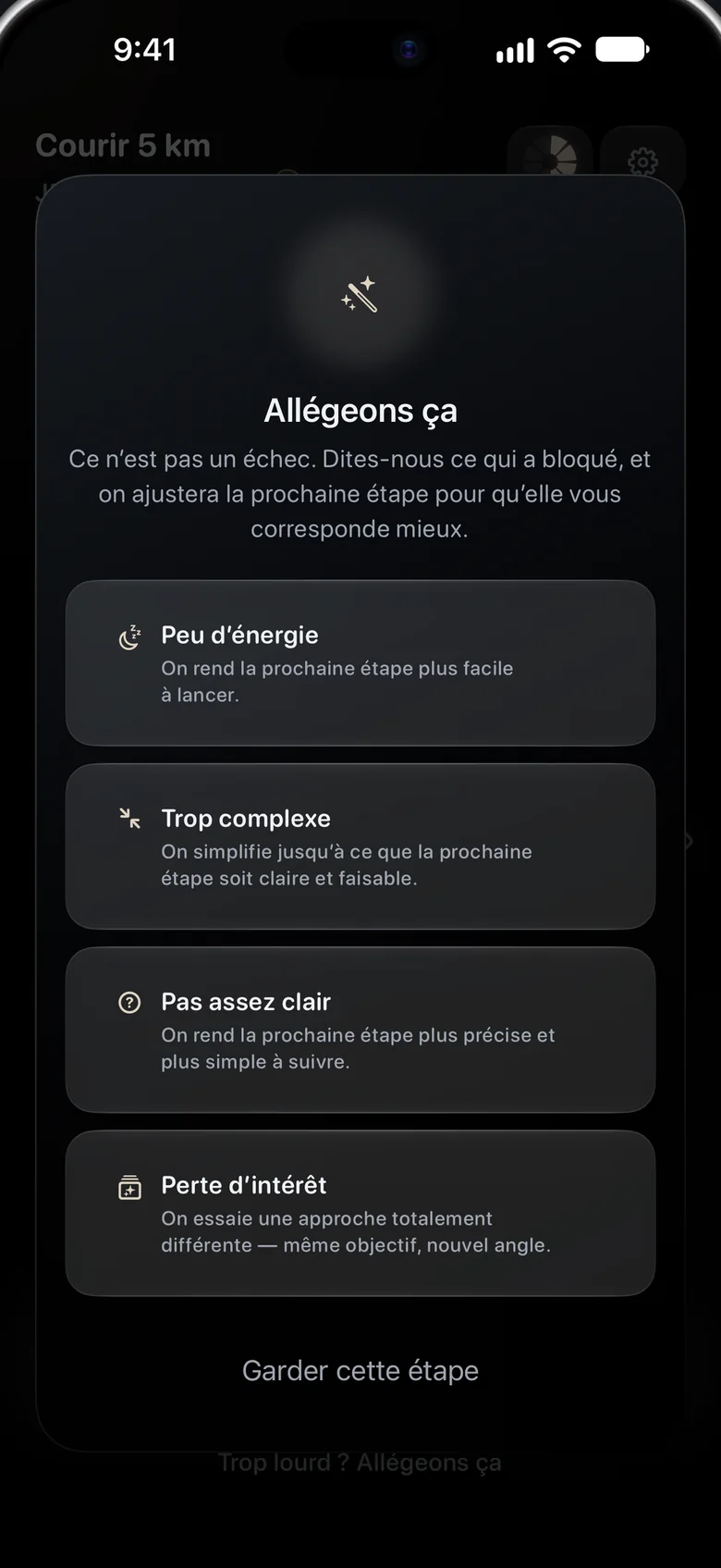 Une fenêtre intitulée « Allégeons ça » avec quatre raisons : peu d’énergie, trop complexe, pas assez clair, perte d’intérêt.