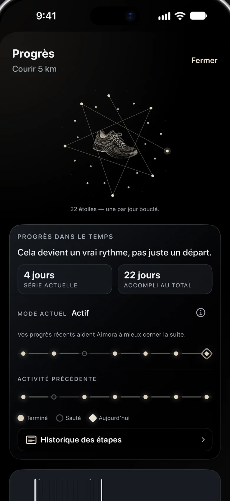 L’écran Progrès : une constellation de 22 étoiles autour d’une chaussure de course, avec les statistiques de série et de mode.