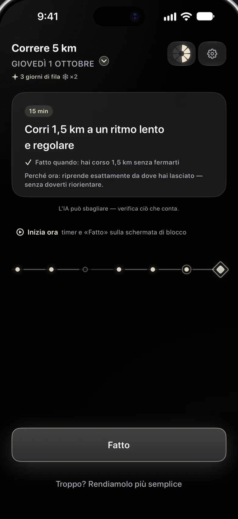 Aimora su iPhone: il passo di oggi, «Corri per 15 minuti a un ritmo facile e costante», con un «Fatto quando» chiaro e il pulsante Fatto.