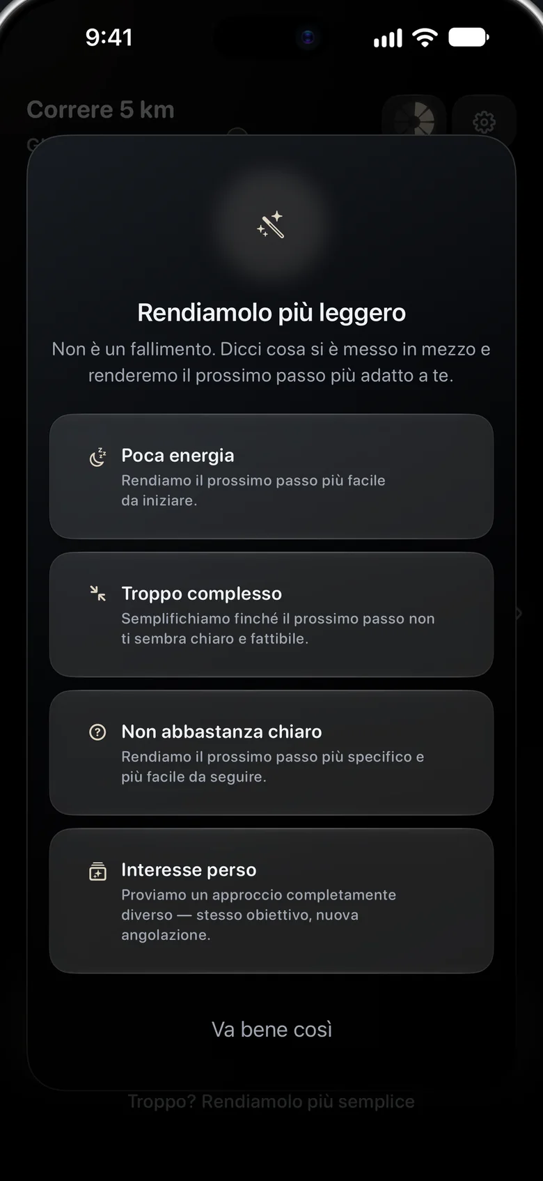 Una schermata dal titolo «Rendiamolo più leggero» con quattro motivi: poca energia, troppo complesso, non abbastanza chiaro, interesse perso.