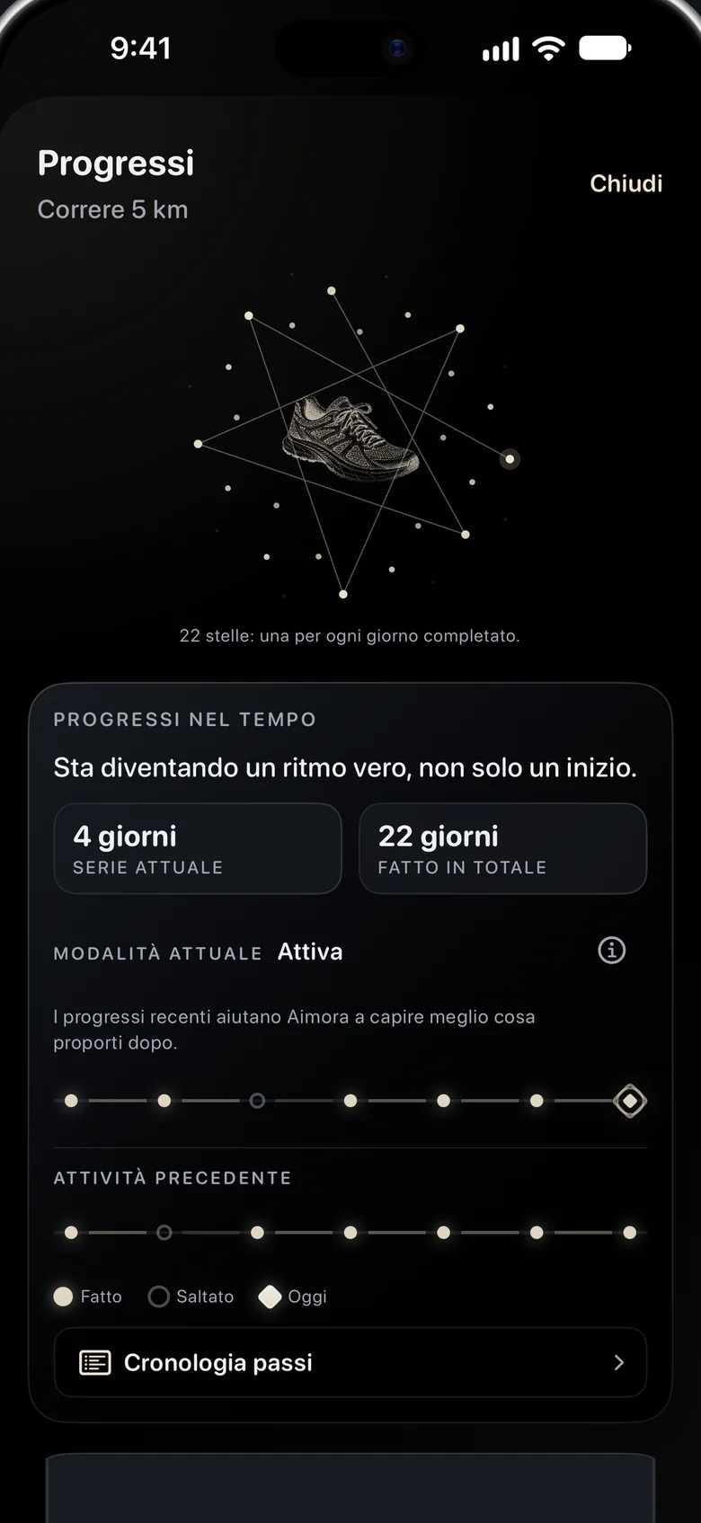 La schermata Progressi: una costellazione di 22 stelle attorno a una scarpa da corsa, con le statistiche su serie e modalità.