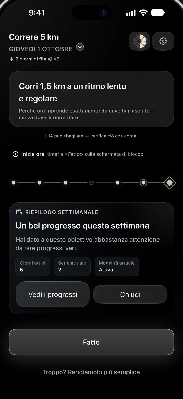 Una scheda Riepilogo settimanale: «Un bel progresso questa settimana», con giorni attivi, serie attuale e modalità.
