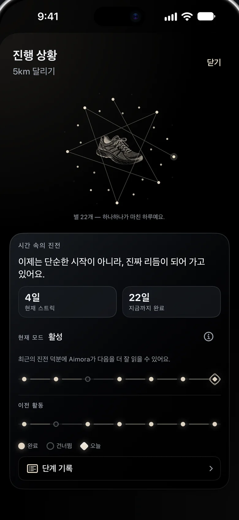진행 상황 화면. 러닝화를 둘러싼 22개의 별자리와 스트릭, 모드 통계가 보여요.