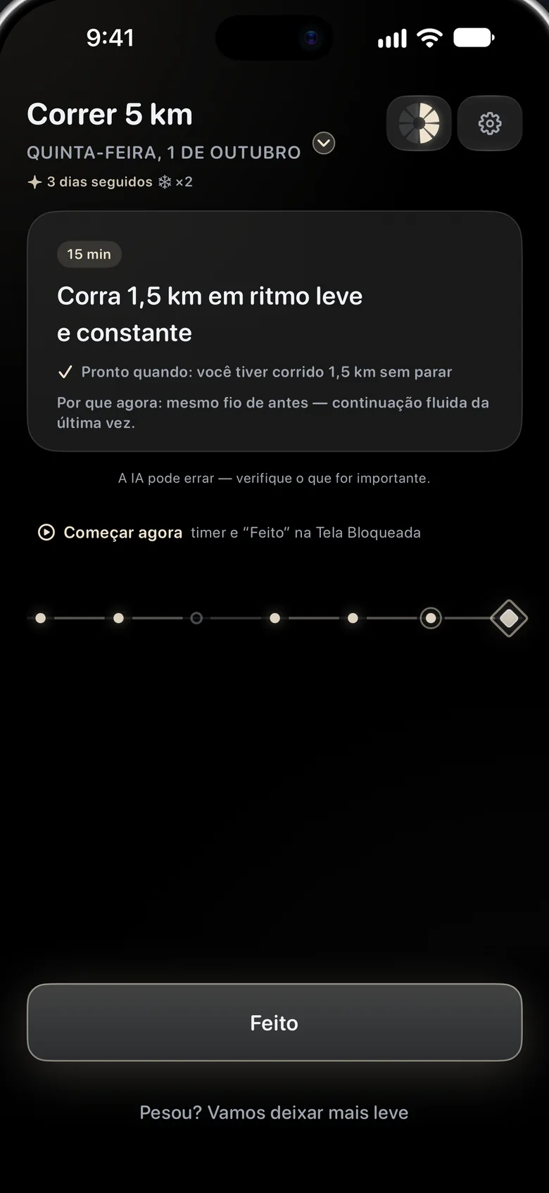 O Aimora no iPhone: o passo de hoje, “Corra por 15 minutos em ritmo leve e constante”, com um “pronto quando” claro e o botão Feito.