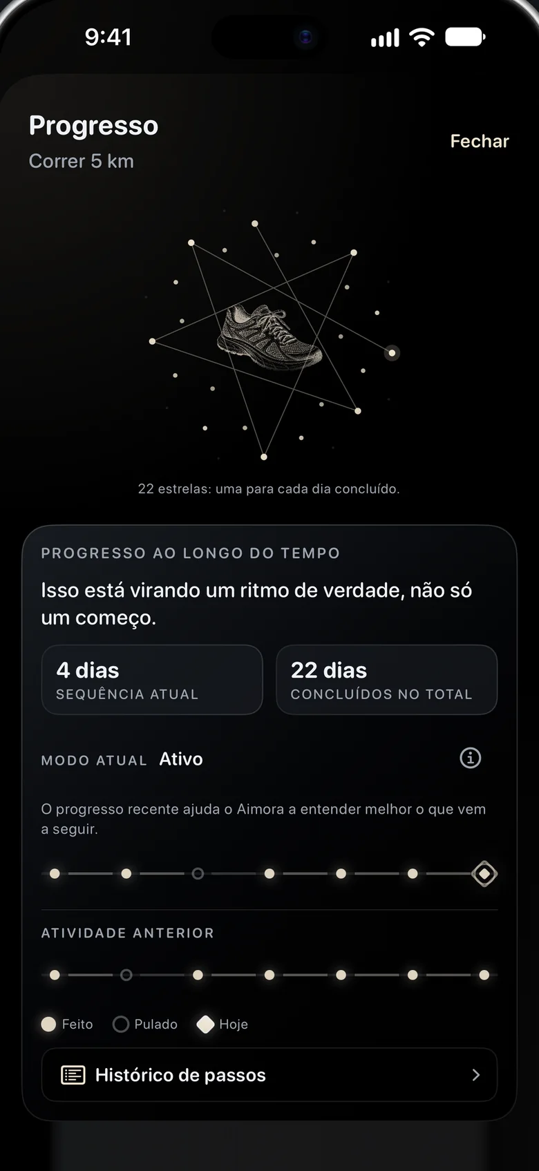 A tela Progresso: uma constelação de 22 estrelas em volta de um tênis de corrida, com estatísticas de sequência e de modo.