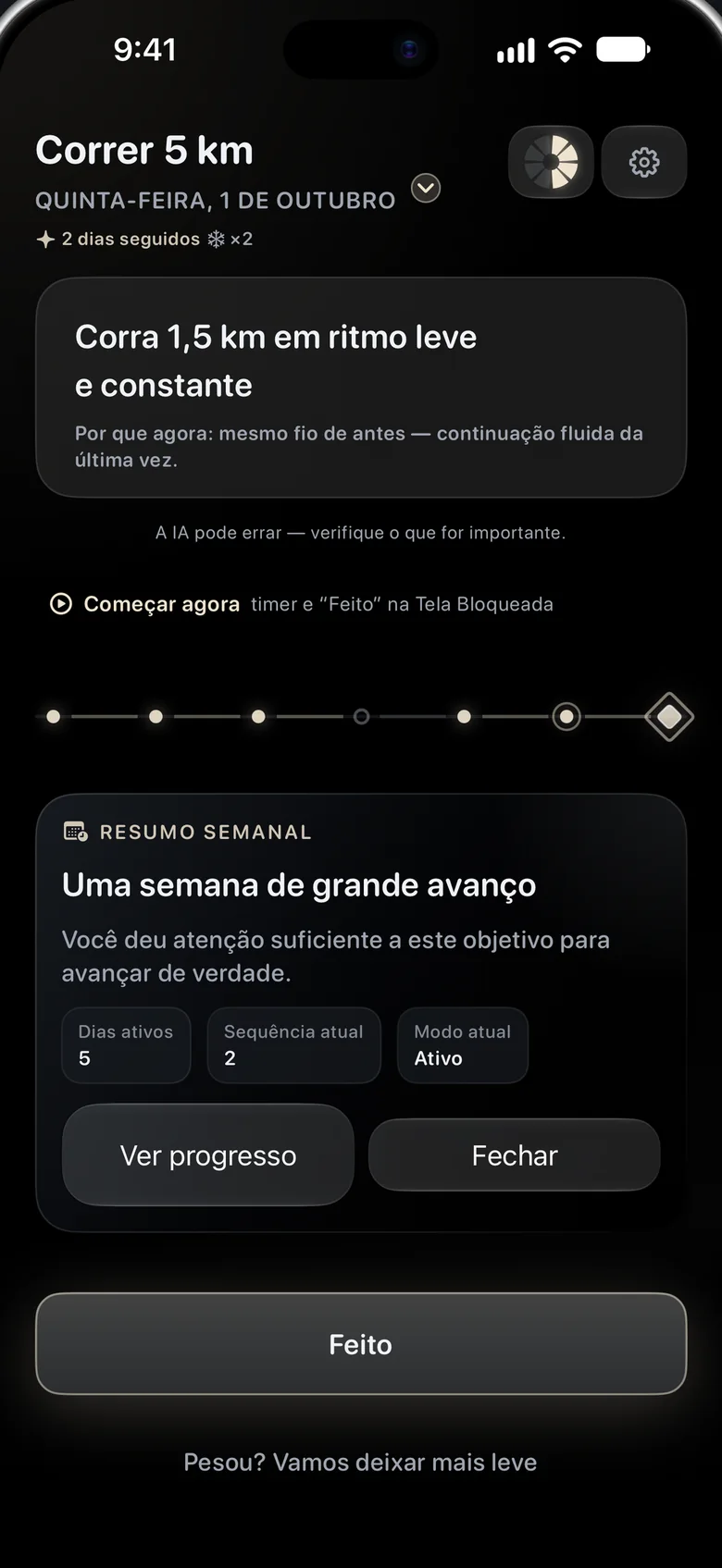 Um cartão de Resumo semanal: “Uma semana de grande avanço”, com dias ativos, sequência atual e modo.