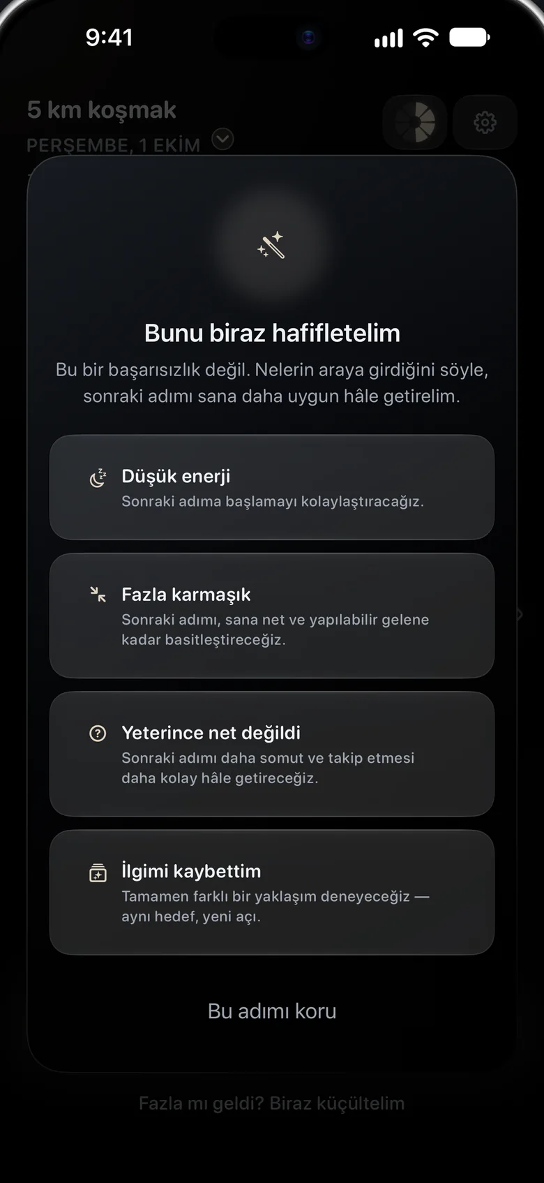 “Bunu biraz hafifletelim” başlıklı bir sayfa ve dört neden: düşük enerji, fazla karmaşık, yeterince net değildi, ilgimi kaybettim.