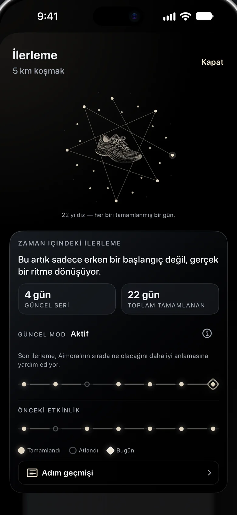 İlerleme ekranı: bir koşu ayakkabısının çevresinde 22 yıldızlık bir takımyıldızı, yanında seri ve mod istatistikleri.