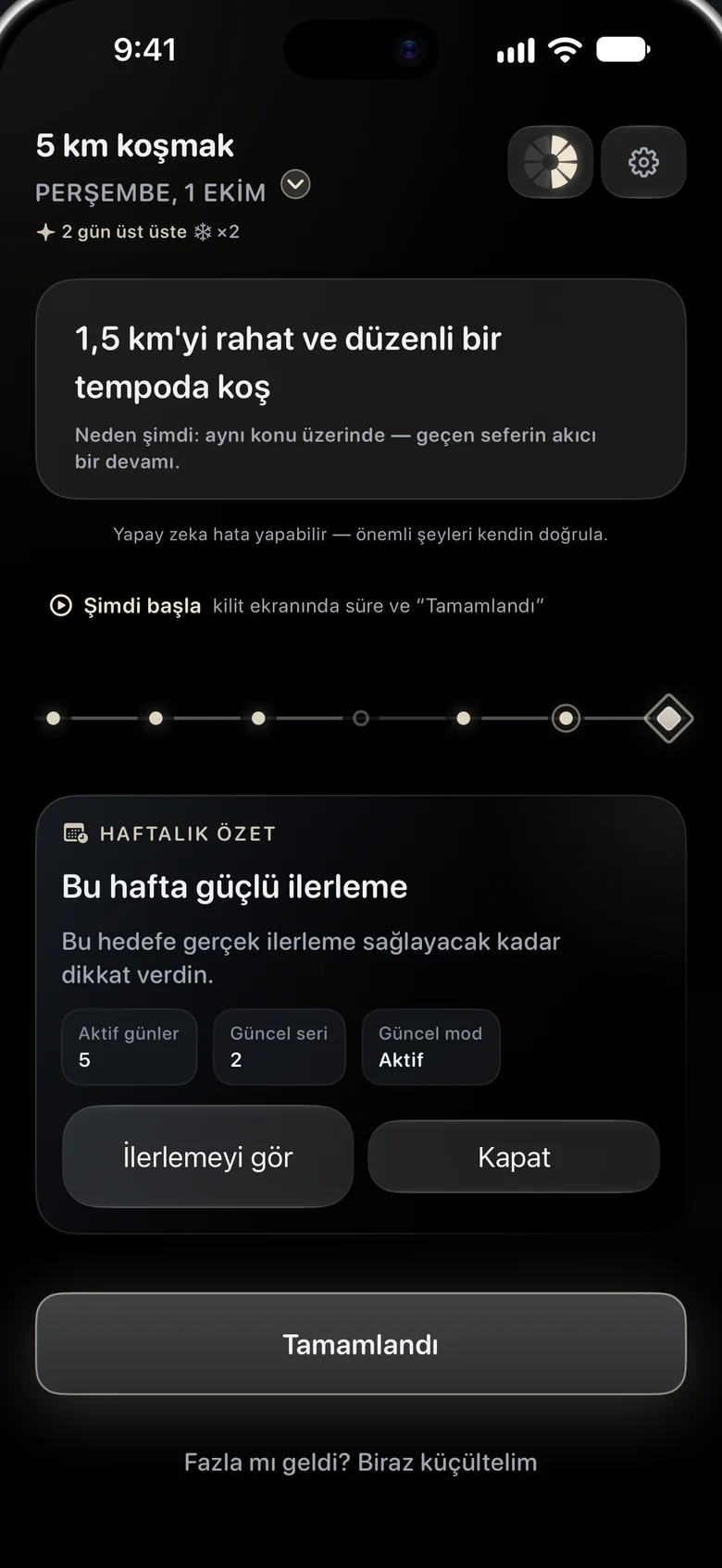 Haftalık özet kartı: “Bu hafta güçlü ilerleme”, aktif günler, güncel seri ve güncel mod.