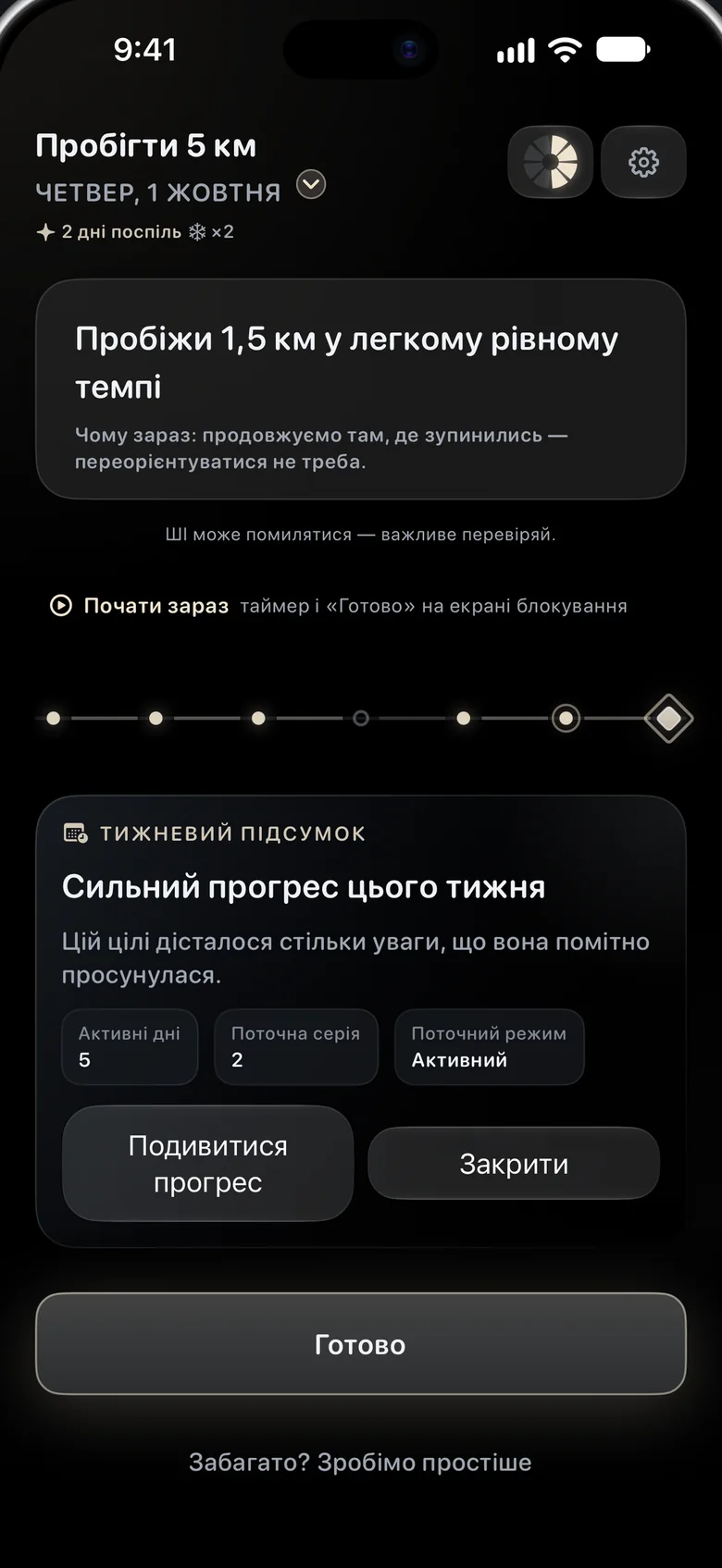 Картка «Тижневий підсумок»: «Сильний прогрес цього тижня», активні дні, поточна серія та режим.