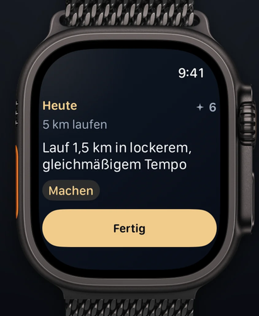 Aimora auf der Apple Watch Ultra: „Heute“, „5 km laufen“, der Schritt „Lauf 15 Minuten in lockerem, gleichmäßigem Tempo“ und ein Button „Fertig“.