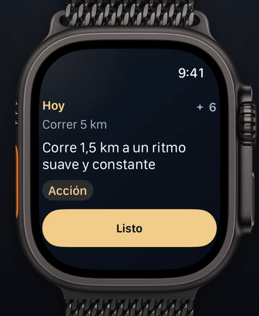 Aimora en un Apple Watch Ultra: «Hoy», «Correr 5 km», el paso «Corre 15 minutos a un ritmo suave y constante» y un botón Listo.