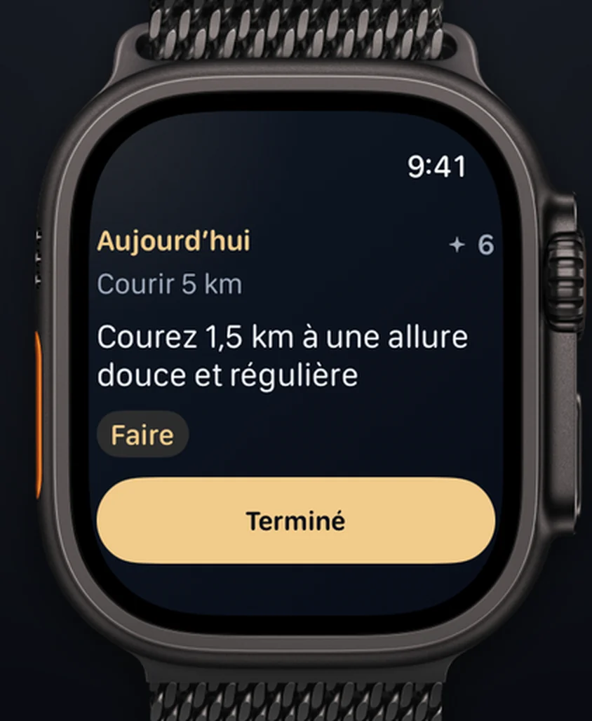 Aimora sur Apple Watch Ultra : « Aujourd’hui », « Courir 5 km », l’étape « Courez 15 minutes à une allure facile et régulière » et un bouton Terminé.