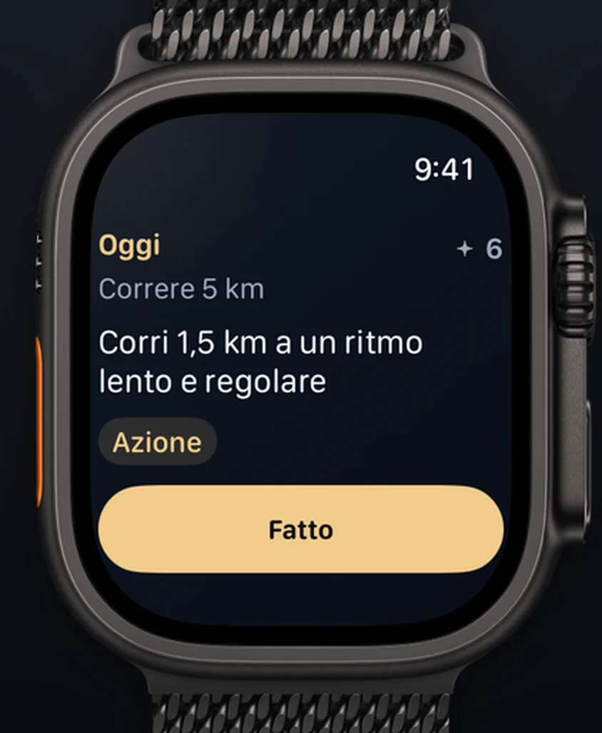 Aimora su Apple Watch Ultra: «Oggi», «Correre 5 km», il passo «Corri per 15 minuti a un ritmo facile e costante» e un pulsante Fatto.