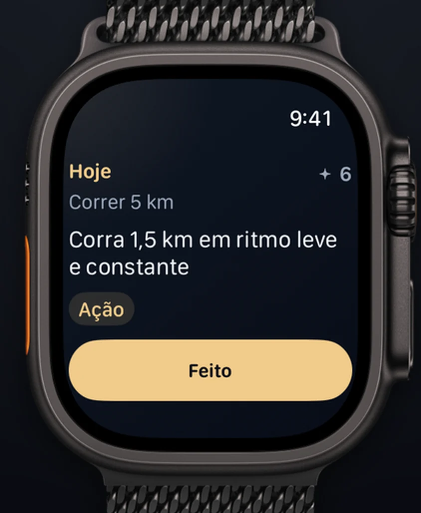 O Aimora no Apple Watch Ultra: “Hoje”, “Correr 5 km”, o passo “Corra por 15 minutos em ritmo leve e constante” e o botão Feito.