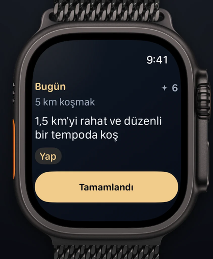 Apple Watch Ultra’da Aimora: “Bugün”, “5 km koşmak”, “15 dakika rahat ve sabit tempoyla koş” adımı ve Tamamlandı düğmesi.